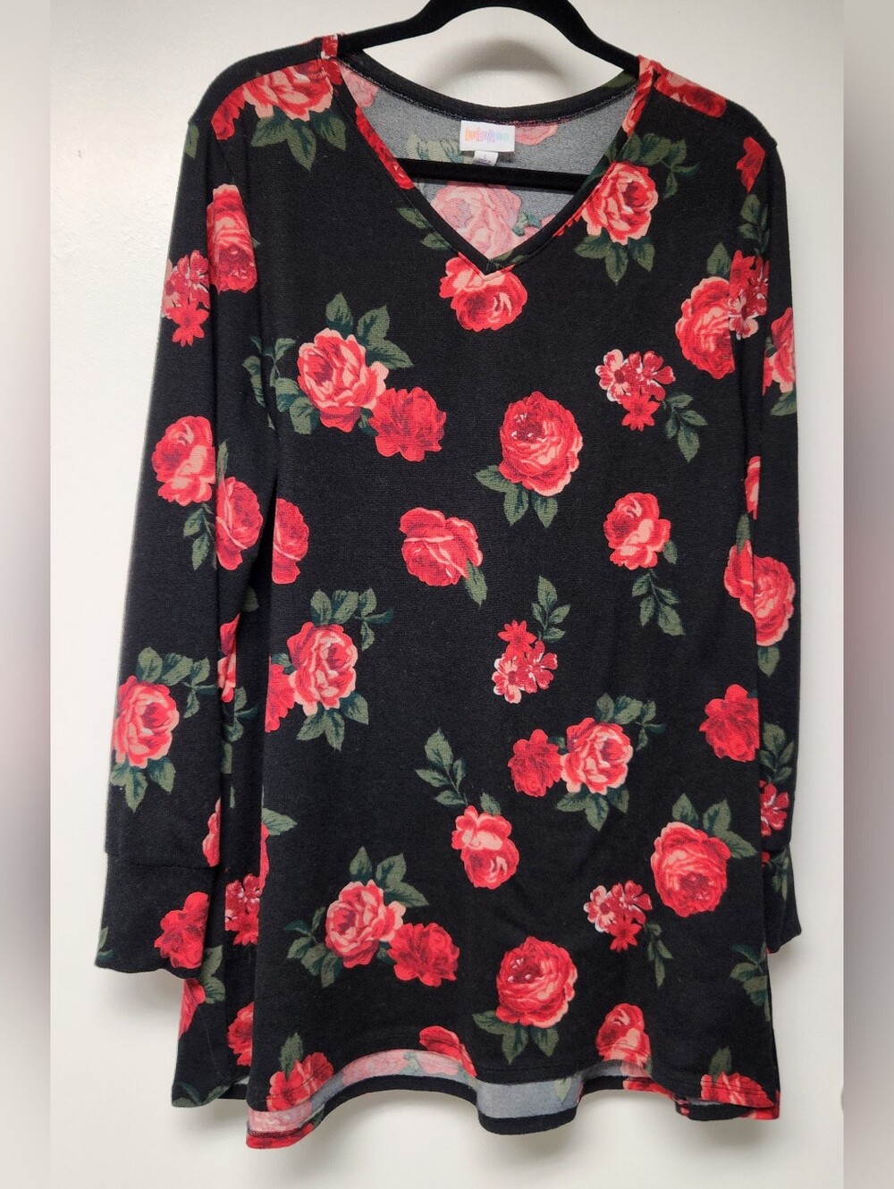 LuLaRoe Black Long Sleeve Tunic with Red Rose Print